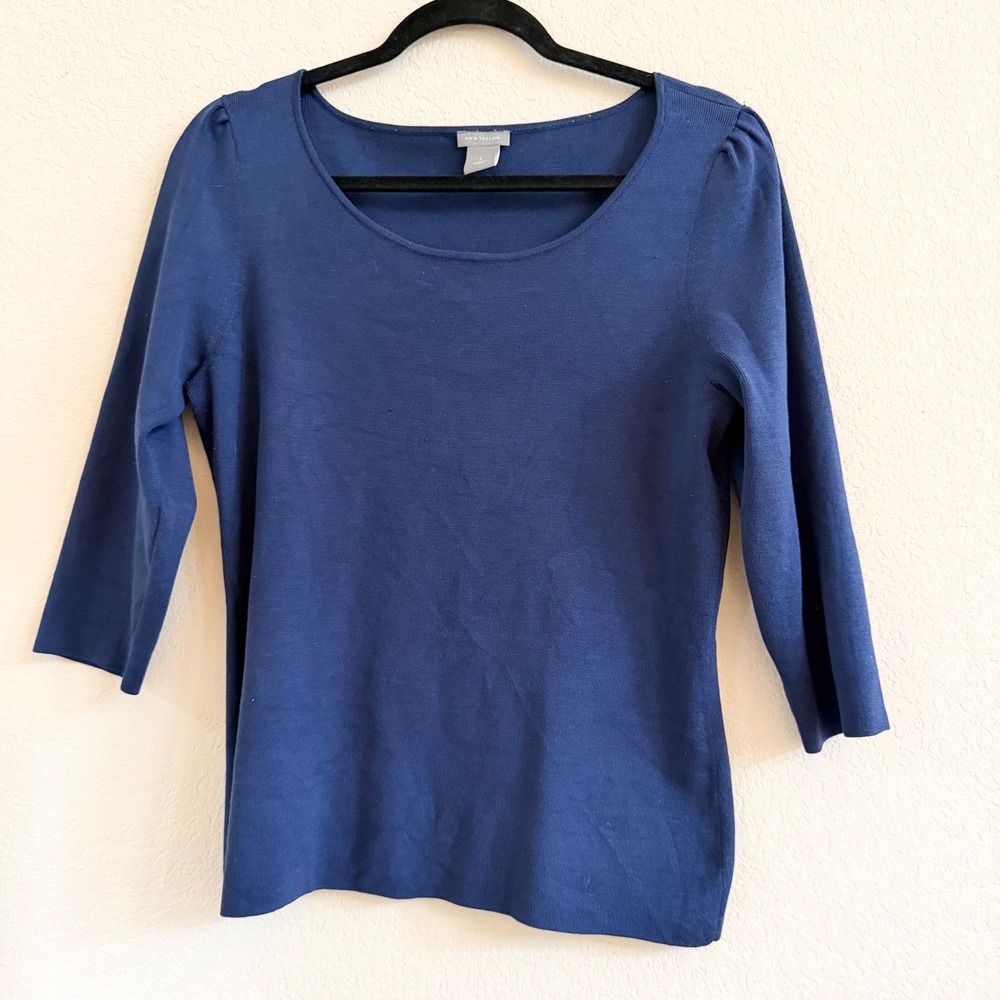 Ann Taylor Navy Blue Silk Blend 3/4 Sleeve Puff Shoulder Knit Sweater Top Large‎